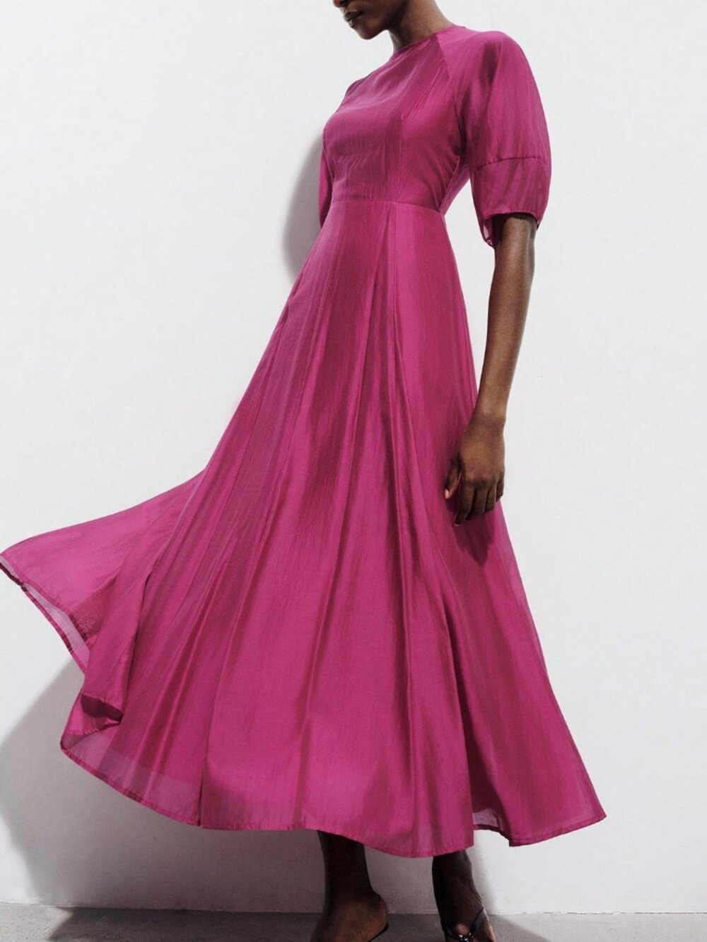 Hot Pink Elegant Women's Sheer Chiffon Puff Sleeve Dress - Picture 7 of 8
